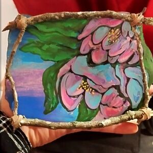 Vibrant Floral Oil Pastel Painting with Natural Pecan Twig Frame